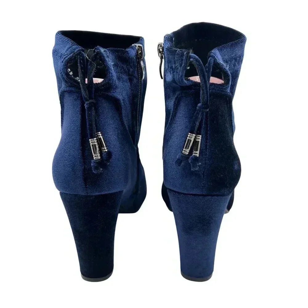 NEW Blue Velvet Ankle Booties Women 10M Zip Closure Block Heel Boots Elvis Shoes